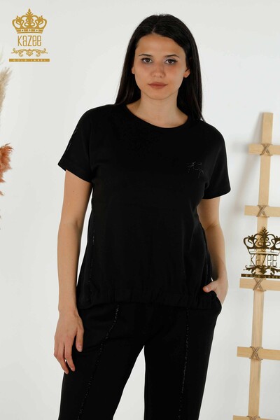 Wholesale Women's Tracksuit Set - Short Sleeve - Pocket - Black - 20390 | KAZEE - Thumbnail