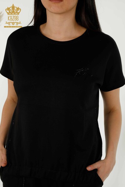 Wholesale Women's Tracksuit Set - Short Sleeve - Pocket - Black - 20390 | KAZEE - 3