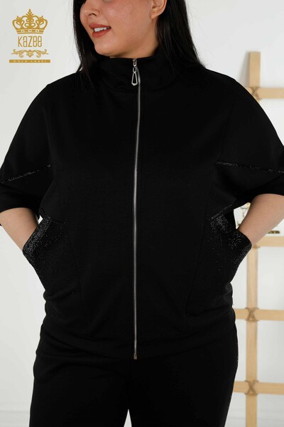 Wholesale Women's Tracksuit Set Short Sleeve Zipper Black - 17547 | KAZEE - Thumbnail