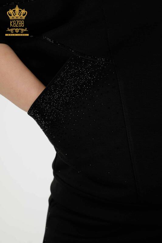 Wholesale Women's Tracksuit Set Short Sleeve Zipper Black - 17547 | KAZEE