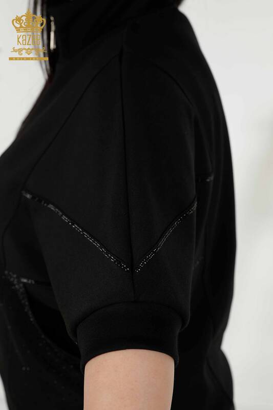Wholesale Women's Tracksuit Set Short Sleeve Zipper Black - 17547 | KAZEE
