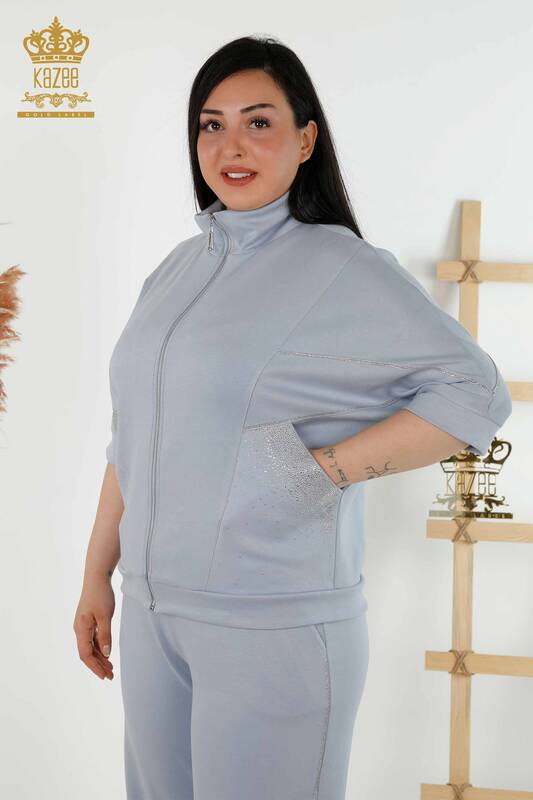 Wholesale Women's Tracksuit Set Short Sleeve Zipper Blue - 17547 | KAZEE