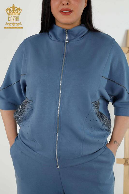 Wholesale Women's Tracksuit Set Short Sleeve Zipper Indigo - 17547 | KAZEE