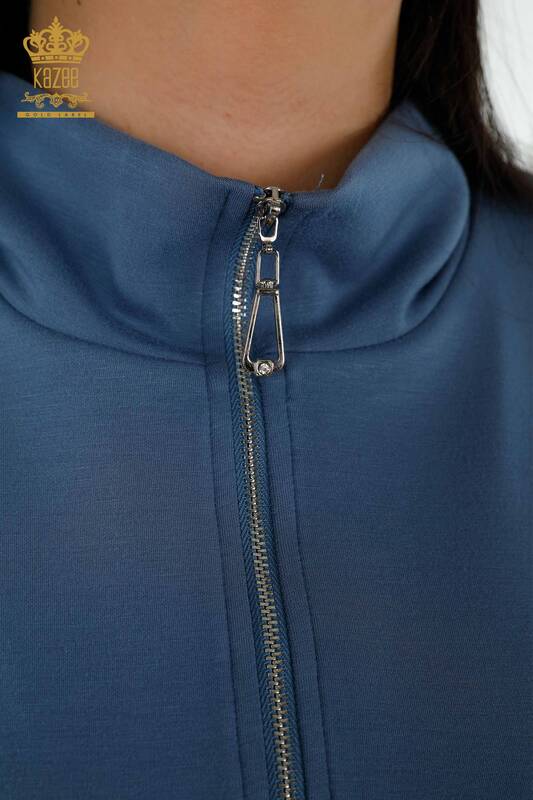 Wholesale Women's Tracksuit Set Short Sleeve Zipper Indigo - 17547 | KAZEE