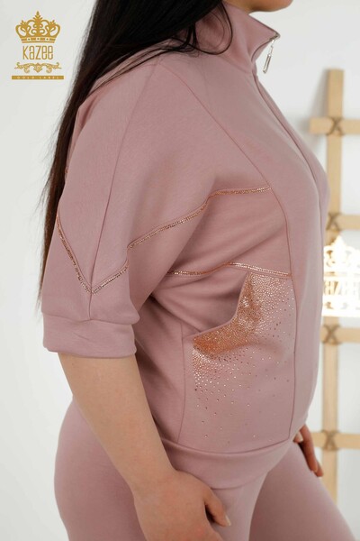 Wholesale Women's Tracksuit Set Short Sleeve Zipper Dried Rose - 17547 | KAZEE - Thumbnail