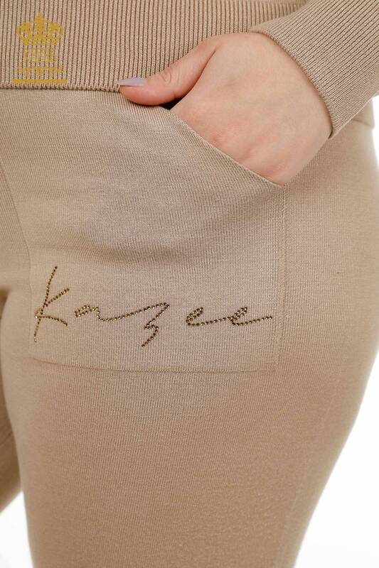 Wholesale Women's Tracksuit Set Stone Embroidered Beige - 16569 | KAZEE