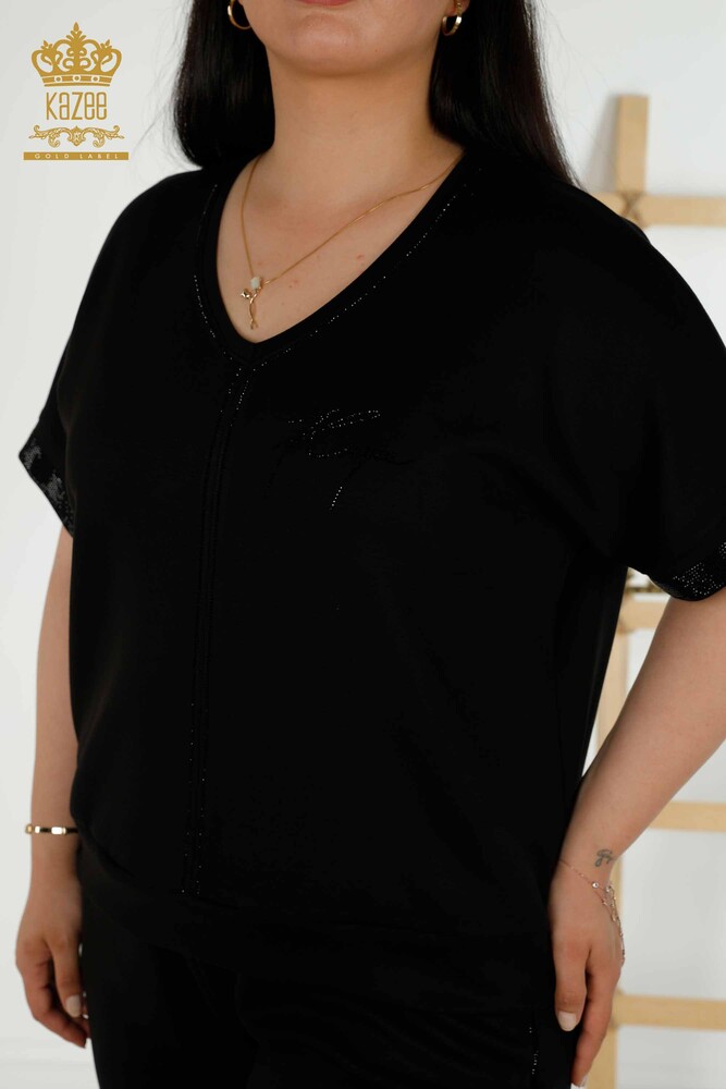 Wholesale Women's Tracksuit Set - Stone Embroidered - Pocket - Black - 20391 | KAZEE - 3