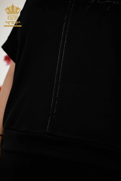 Wholesale Women's Tracksuit Set - Stone Embroidered - Pocket - Black - 20391 | KAZEE - Thumbnail