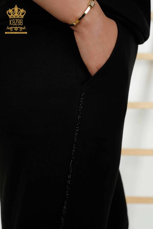 Wholesale Women's Tracksuit Set - Stone Embroidered - Pocket - Black - 20391 | KAZEE