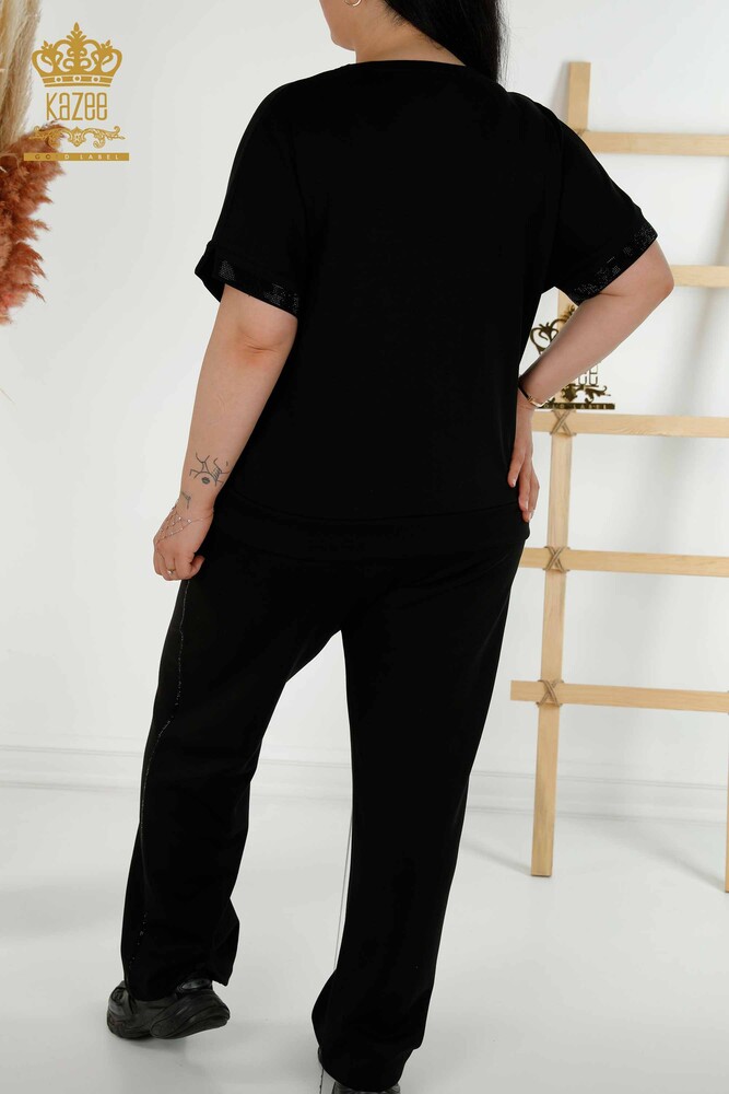 Wholesale Women's Tracksuit Set - Stone Embroidered - Pocket - Black - 20391 | KAZEE - 12