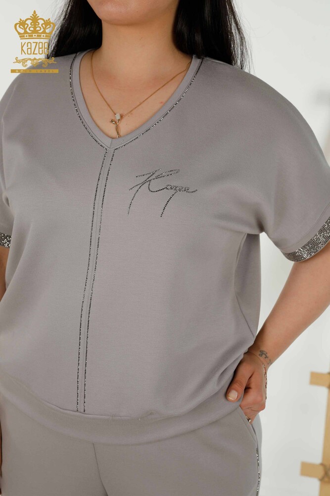 Wholesale Women's Tracksuit Set - Stone Embroidered - Pockets - Gray - 20391 | KAZEE - 3