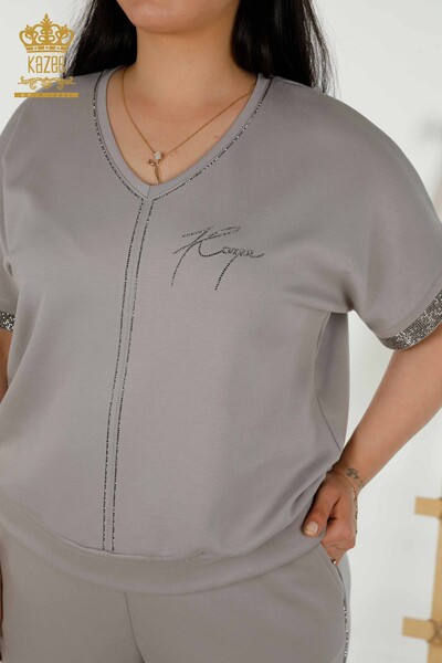 Wholesale Women's Tracksuit Set - Stone Embroidered - Pockets - Gray - 20391 | KAZEE - 3