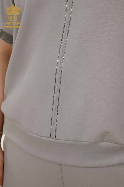 Wholesale Women's Tracksuit Set - Stone Embroidered - Pockets - Gray - 20391 | KAZEE - 5
