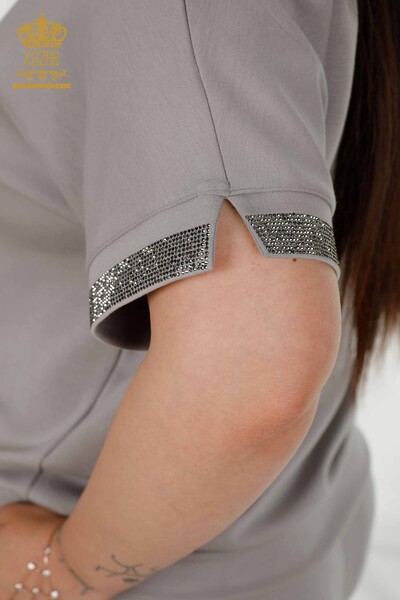 Wholesale Women's Tracksuit Set - Stone Embroidered - Pockets - Gray - 20391 | KAZEE - 9