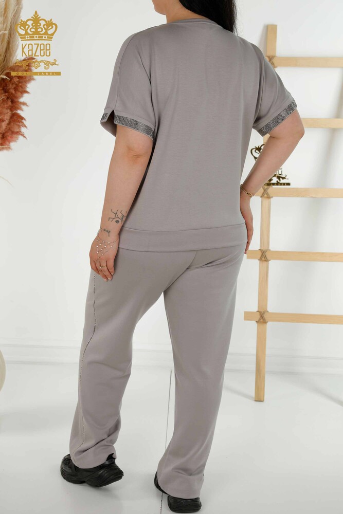 Wholesale Women's Tracksuit Set - Stone Embroidered - Pockets - Gray - 20391 | KAZEE - 13