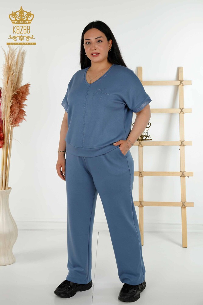 Wholesale Women's Tracksuit Set - Stone Embroidered - Pockets - Indigo - 20391 | KAZEE - 1