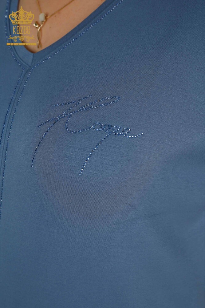 Wholesale Women's Tracksuit Set - Stone Embroidered - Pockets - Indigo - 20391 | KAZEE - 4