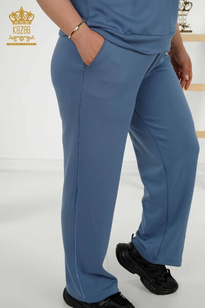 Wholesale Women's Tracksuit Set - Stone Embroidered - Pockets - Indigo - 20391 | KAZEE - 11