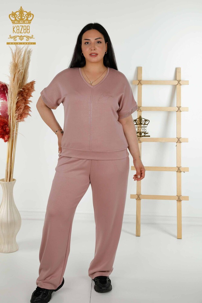 Wholesale Women's Tracksuit Set - Stone Embroidered - Pockets - Rose - 20391 | KAZEE - 1
