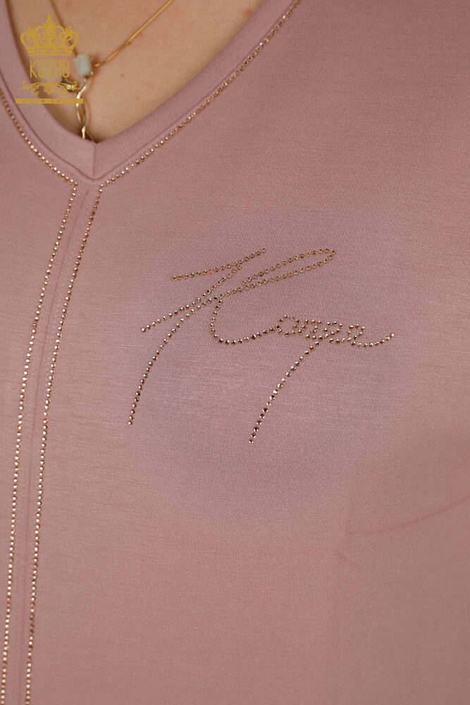 Wholesale Women's Tracksuit Set - Stone Embroidered - Pockets - Rose - 20391 | KAZEE - 5