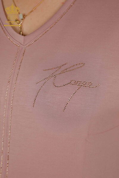 Wholesale Women's Tracksuit Set - Stone Embroidered - Pockets - Rose - 20391 | KAZEE - 5