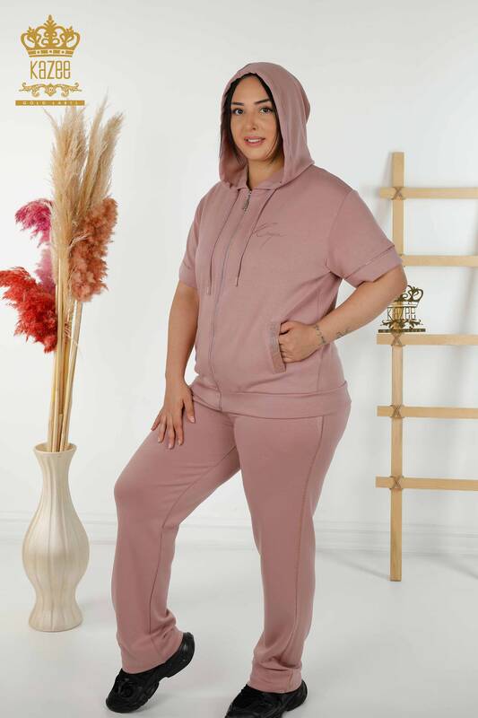 Wholesale Women's Tracksuit Set Stone Embroidered Dried Rose - 20448 | KAZEE