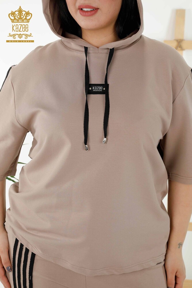 Wholesale Women's Tracksuit Set - Striped - Hooded - Beige Black - 17543 | KAZEE - 3