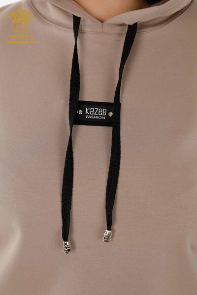 Wholesale Women's Tracksuit Set - Striped - Hooded - Beige Black - 17543 | KAZEE - Thumbnail