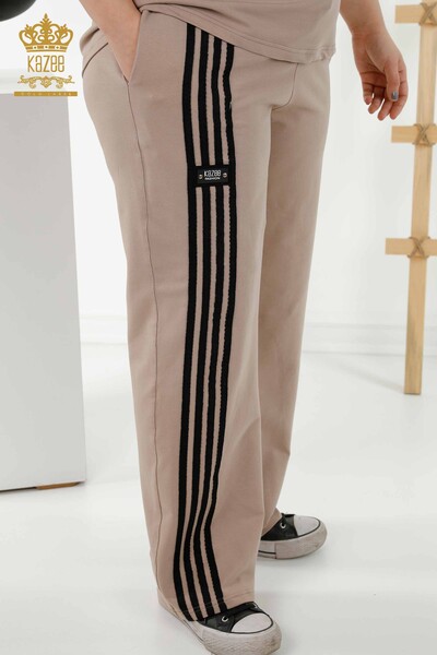 Wholesale Women's Tracksuit Set - Striped - Hooded - Beige Black - 17543 | KAZEE - 6