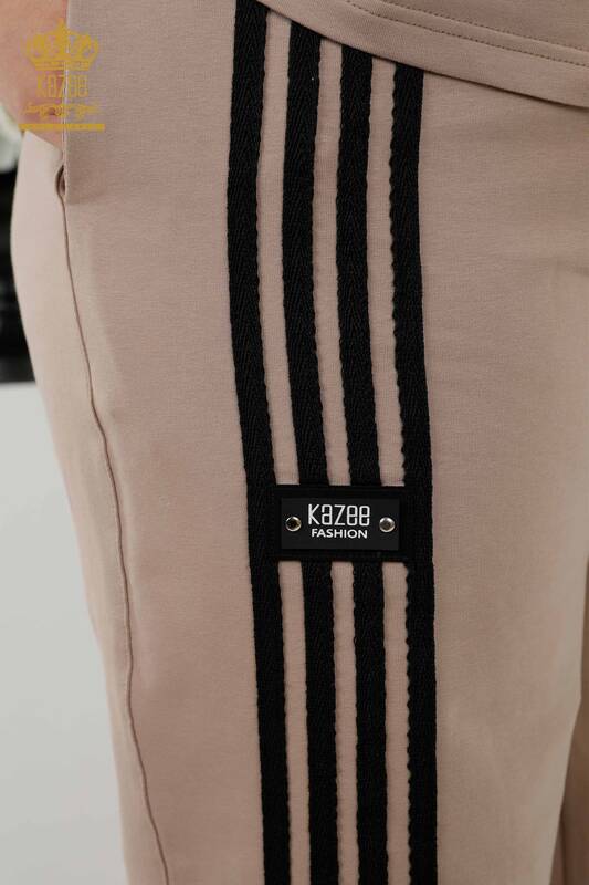 Wholesale Women's Tracksuit Set - Striped - Hooded - Beige Black - 17543 | KAZEE