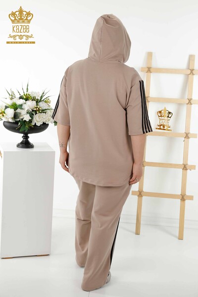 Wholesale Women's Tracksuit Set - Striped - Hooded - Beige Black - 17543 | KAZEE - Thumbnail
