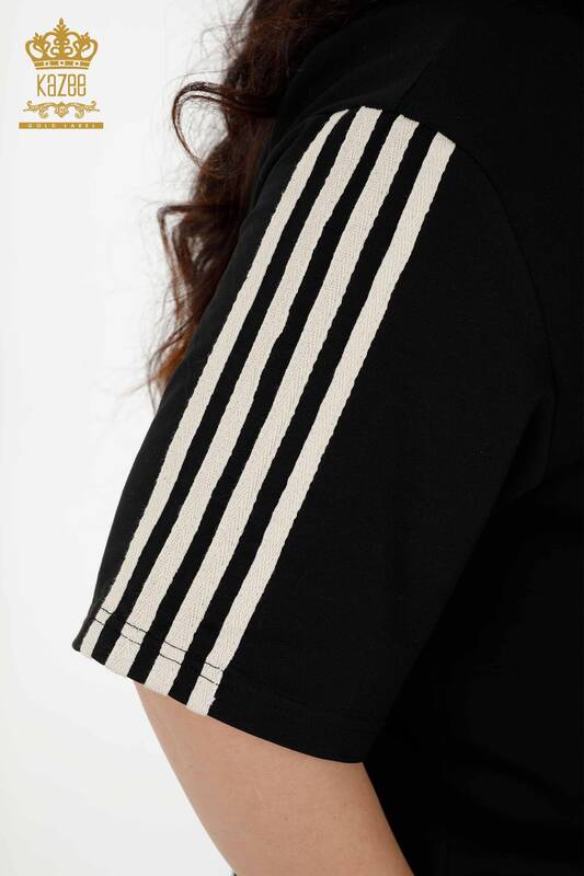 Wholesale Women's Tracksuit Set - Striped Hoodie Black White - 17543 | KAZEE
