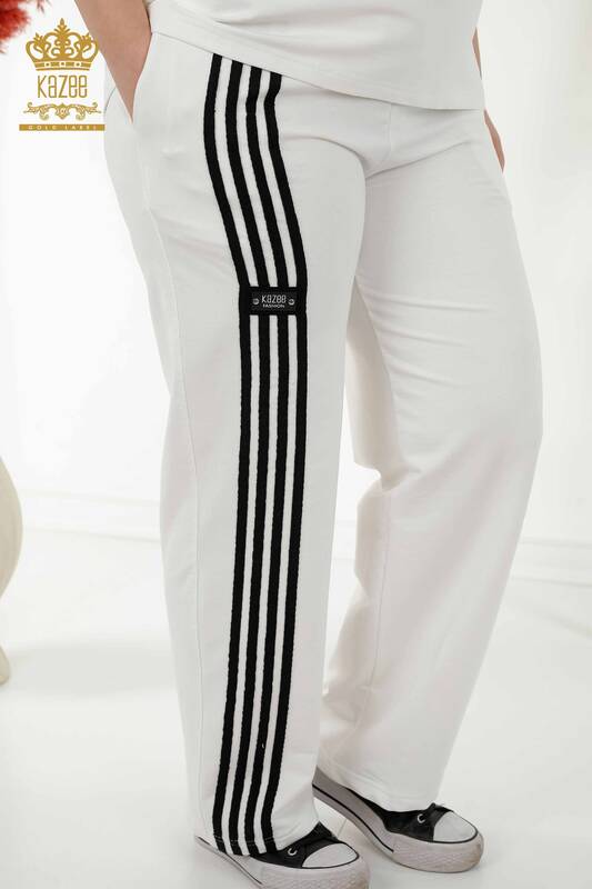 Wholesale Women's Tracksuit Set - Striped Hooded - White Black - 17543 | KAZEE