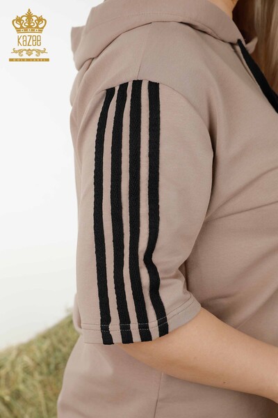 Wholesale Women's Tracksuit Set - Striped - Short Sleeve - Beige Black - 17546 | KAZEE - Thumbnail