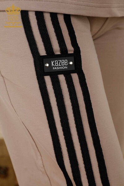 Wholesale Women's Tracksuit Set - Striped - Short Sleeve - Beige Black - 17546 | KAZEE - Thumbnail