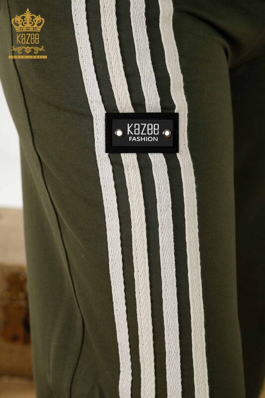 Wholesale Women's Tracksuit Set - Striped - Short Sleeve - Khaki White - 17546 | KAZEE