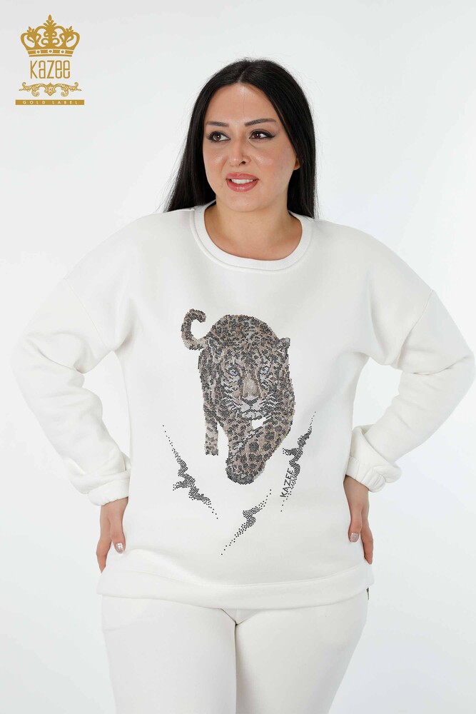 Wholesale Women's Tracksuit Set Tiger Pattern Ecru - 17473 | KAZEE - 2