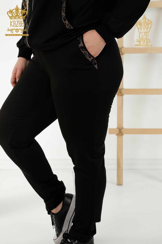 Wholesale Women's Tracksuit Set - Zippered Patterned Black - 17540 | KAZEE