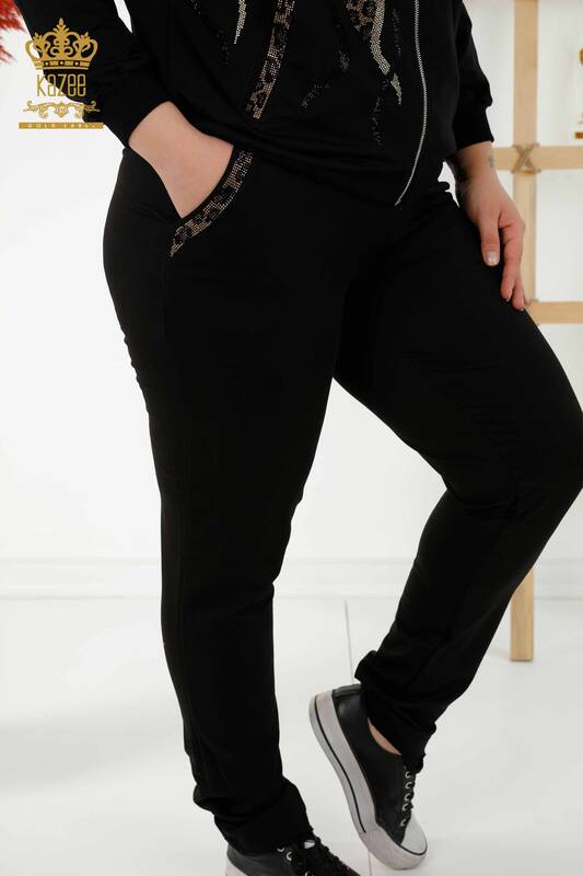 Wholesale Women's Tracksuit Set - Zippered Patterned Black - 17540 | KAZEE