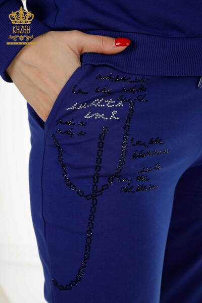 Wholesale Women's Tracksuit Set Zipper Patterned Dark Blue - 17491 | KAZEE - Thumbnail