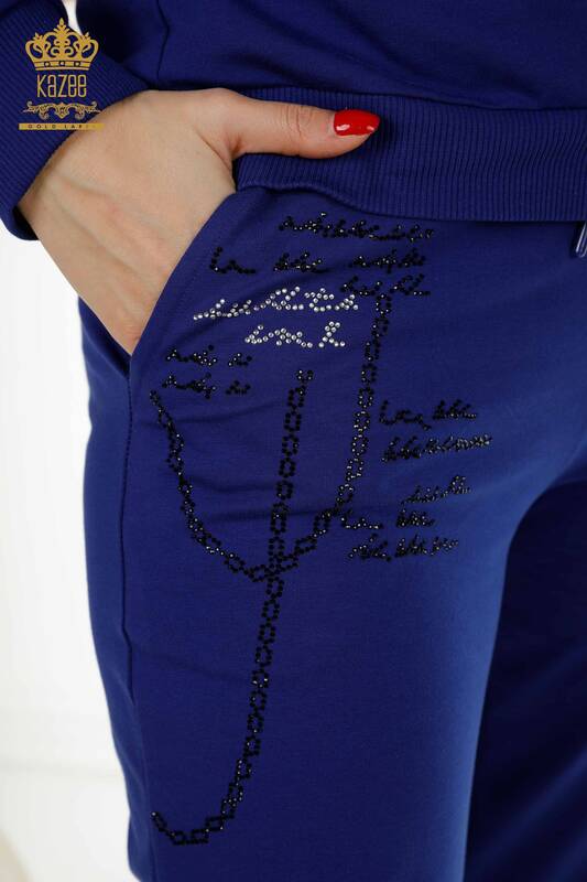 Wholesale Women's Tracksuit Set Zipper Patterned Dark Blue - 17491 | KAZEE