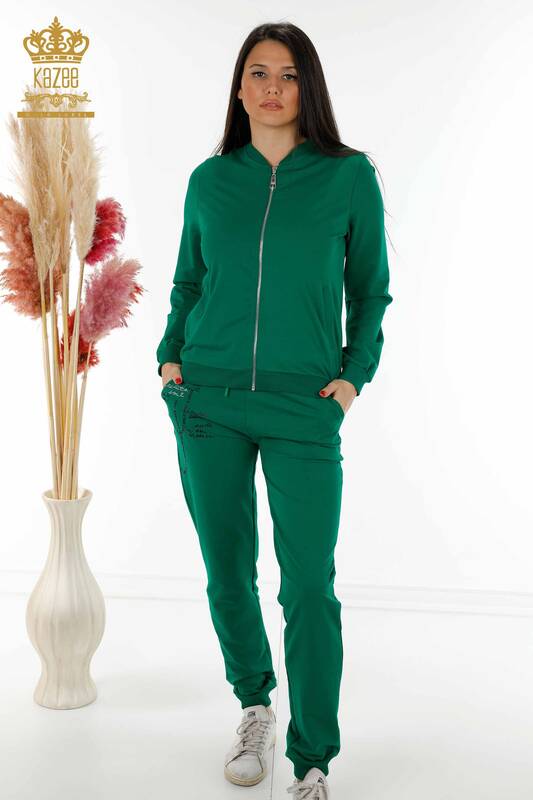 Wholesale Women's Tracksuit Set Zipper Patterned Green - 17491 | KAZEE