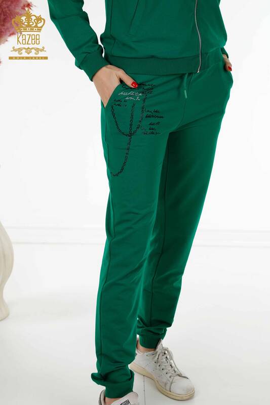 Wholesale Women's Tracksuit Set Zipper Patterned Green - 17491 | KAZEE