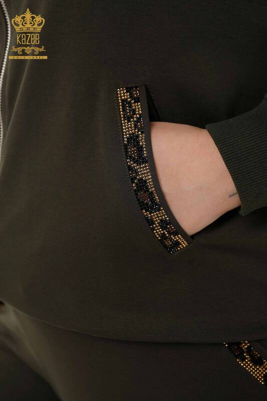 Wholesale Women's Tracksuit Set Zippered Patterned Khaki - 17540 | KAZEE