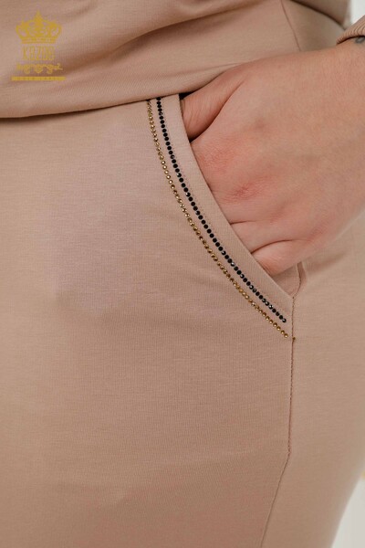 Wholesale Women's Tracksuit Set - Zippered Pocket Beige - 17537 | KAZEE - Thumbnail