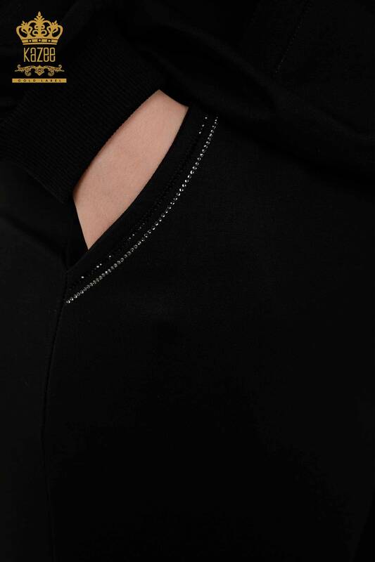 Wholesale Women's Tracksuit Set Zippered Pocket Black - 17537 | KAZEE