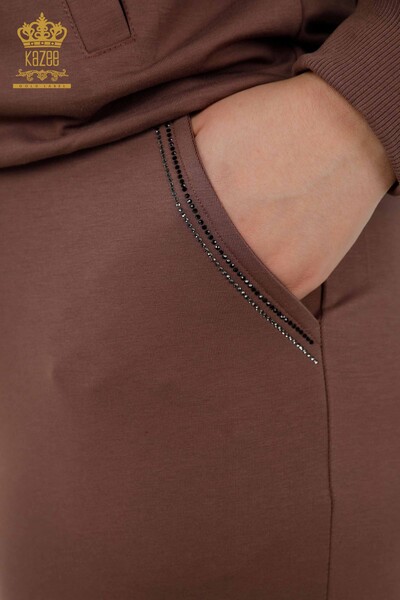 Wholesale Women's Tracksuit Set Zippered Pocket Brown - 17537 | KAZEE - Thumbnail