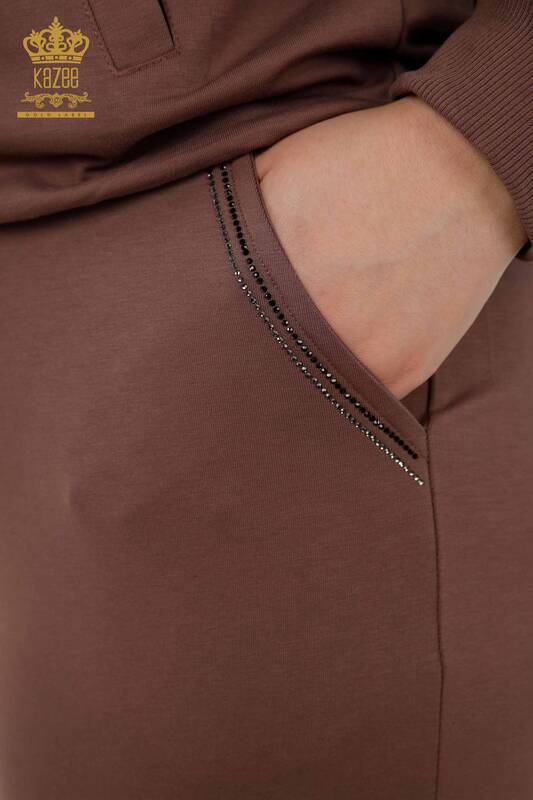 Wholesale Women's Tracksuit Set Zippered Pocket Brown - 17537 | KAZEE
