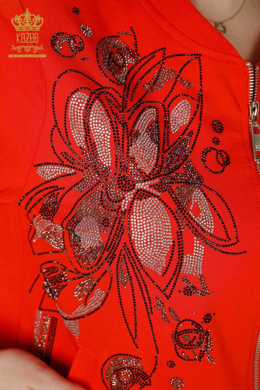 Wholesale Women's Tracksuit Set Zippered Pocket Orange - 17494 | KAZEE
