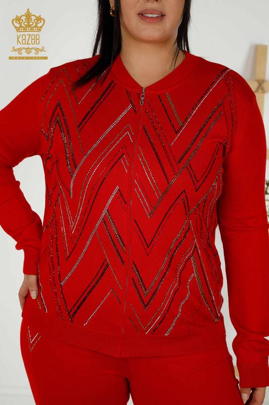 Wholesale Women's Tracksuit Set Zippered Red - 16676 | KAZEE